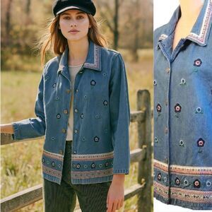 VTG 90s Floral Denim Embroidered Button Front Cottagecore Cardigan XL